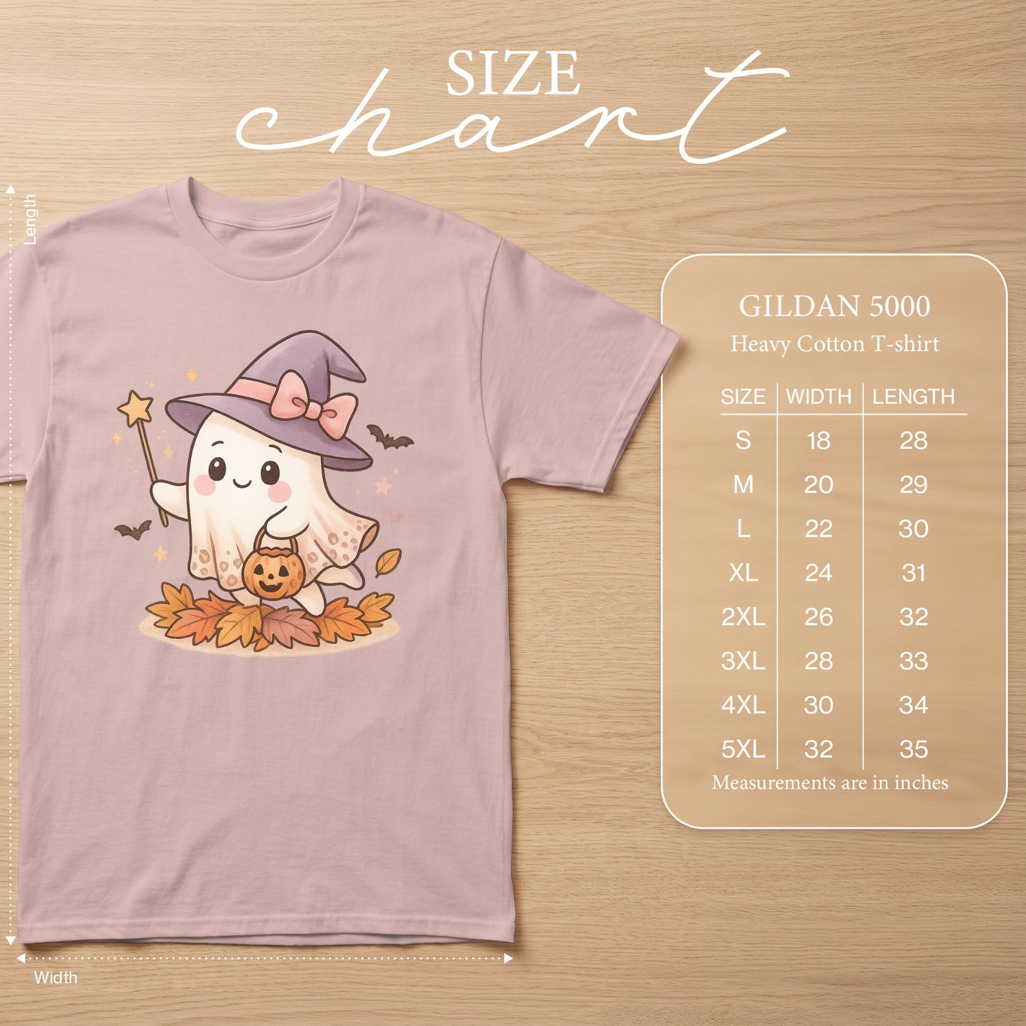 Gildan 5000 Heavy Cotton T-shirt size chart with cute ghost graphic and measurements in inches.