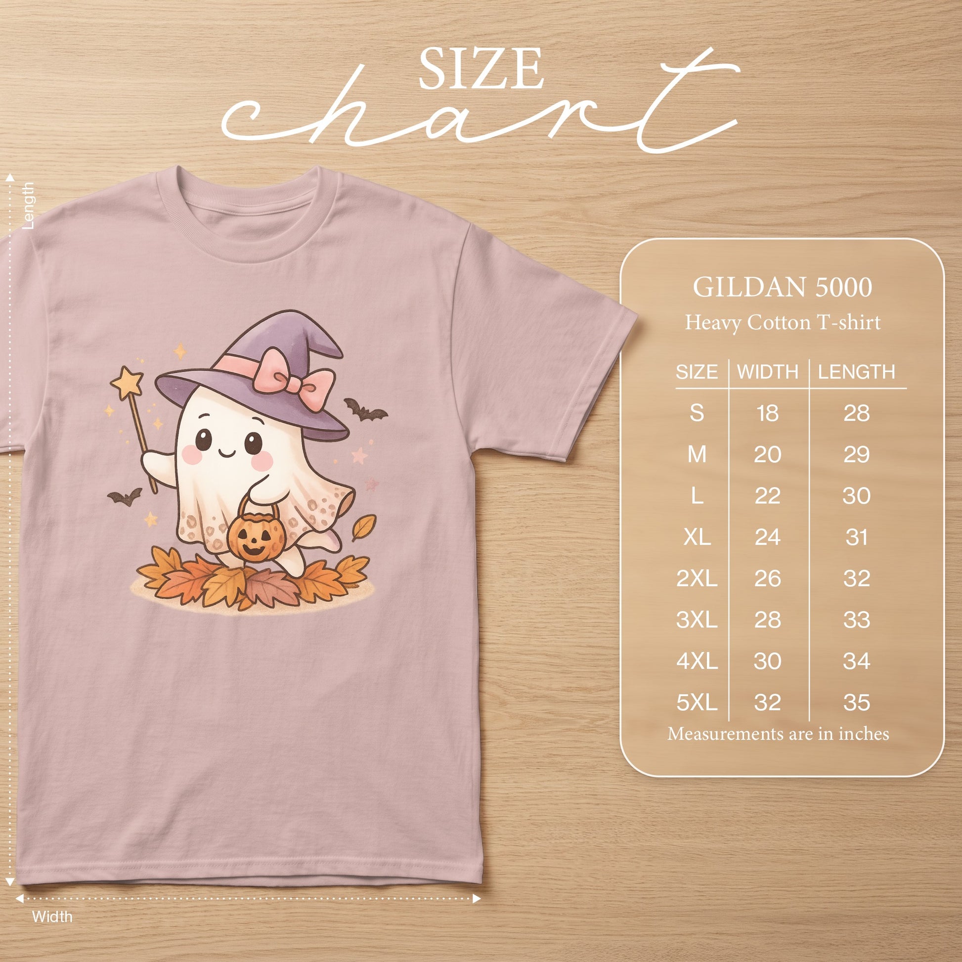 Gildan 5000 Heavy Cotton T-shirt size chart with cute ghost graphic and measurements in inches.