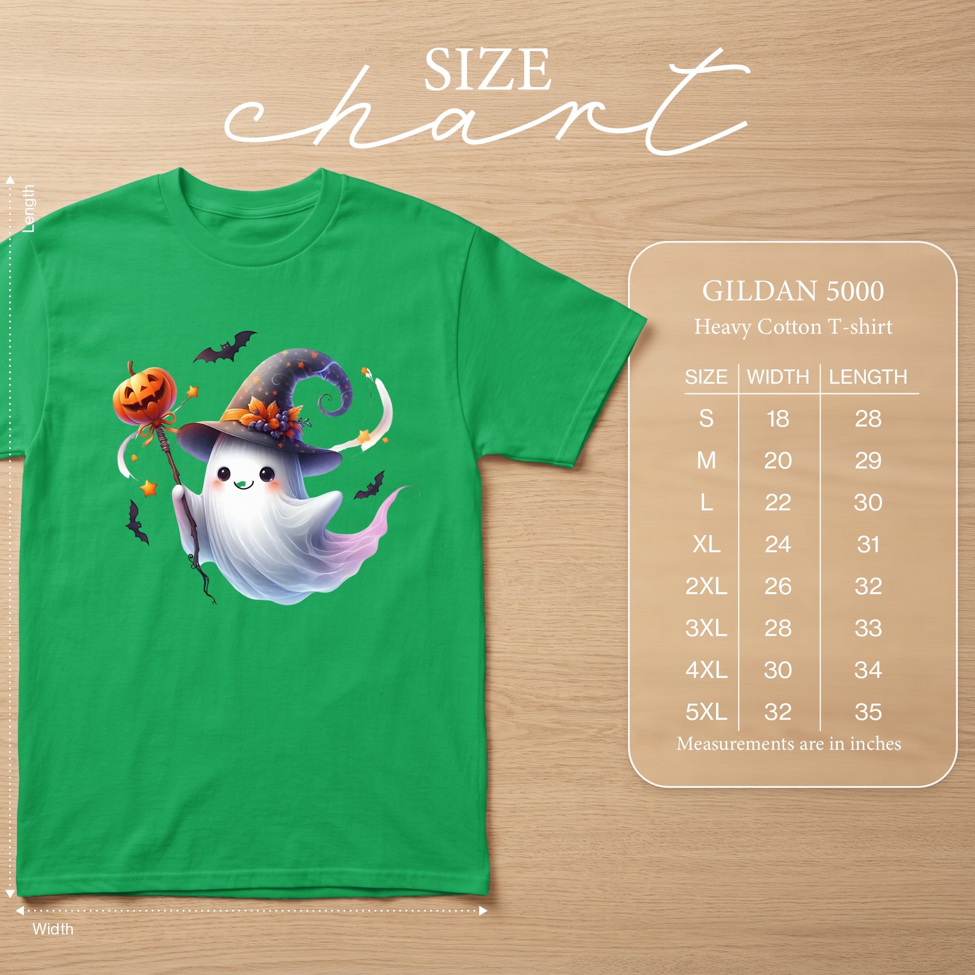 Green Gildan 5000 heavy cotton t-shirt with a cute ghost graphic and size chart.