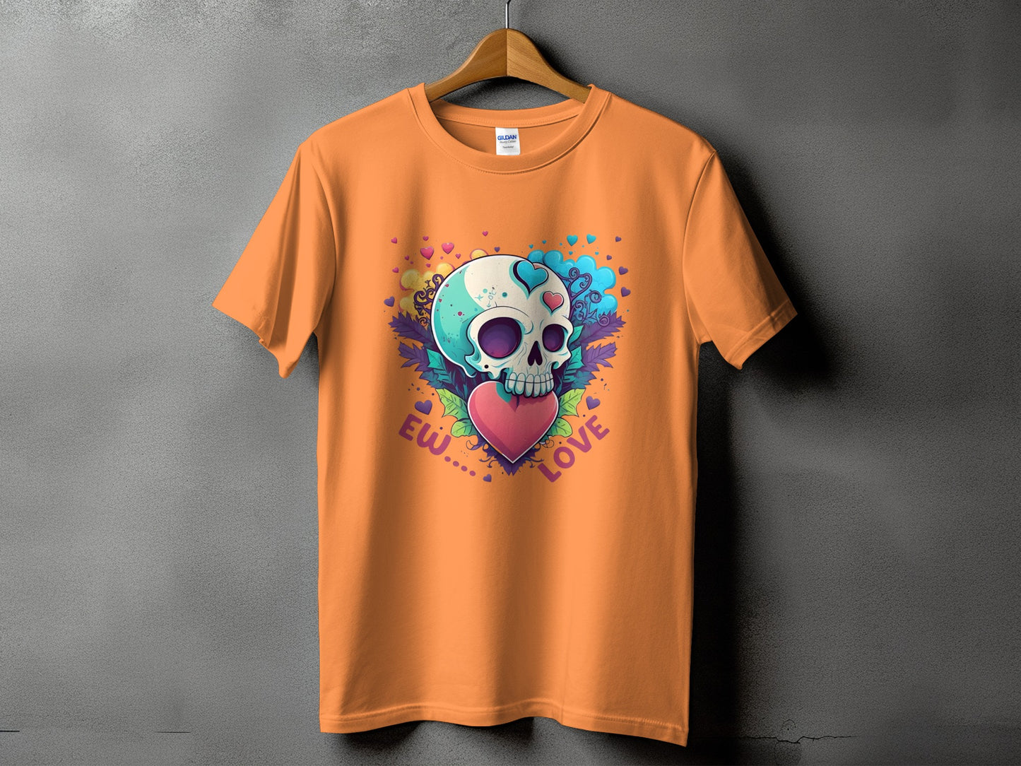 Orange t-shirt with a skull and heart graphic and the words "Ew.... Love".