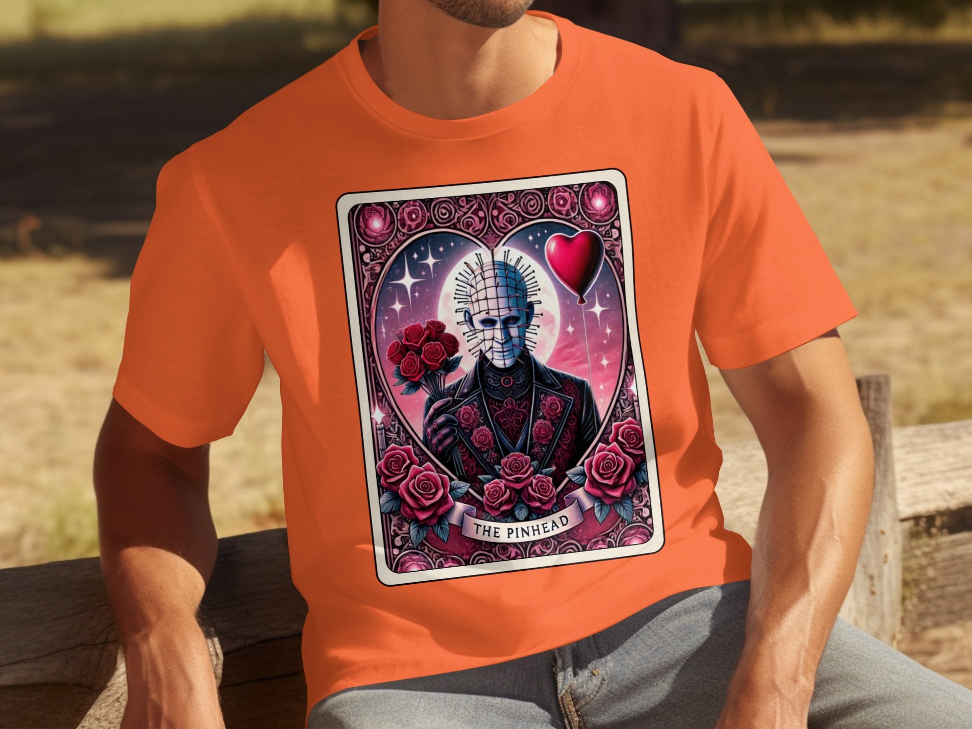 The Pinhead character design on orange shirt product