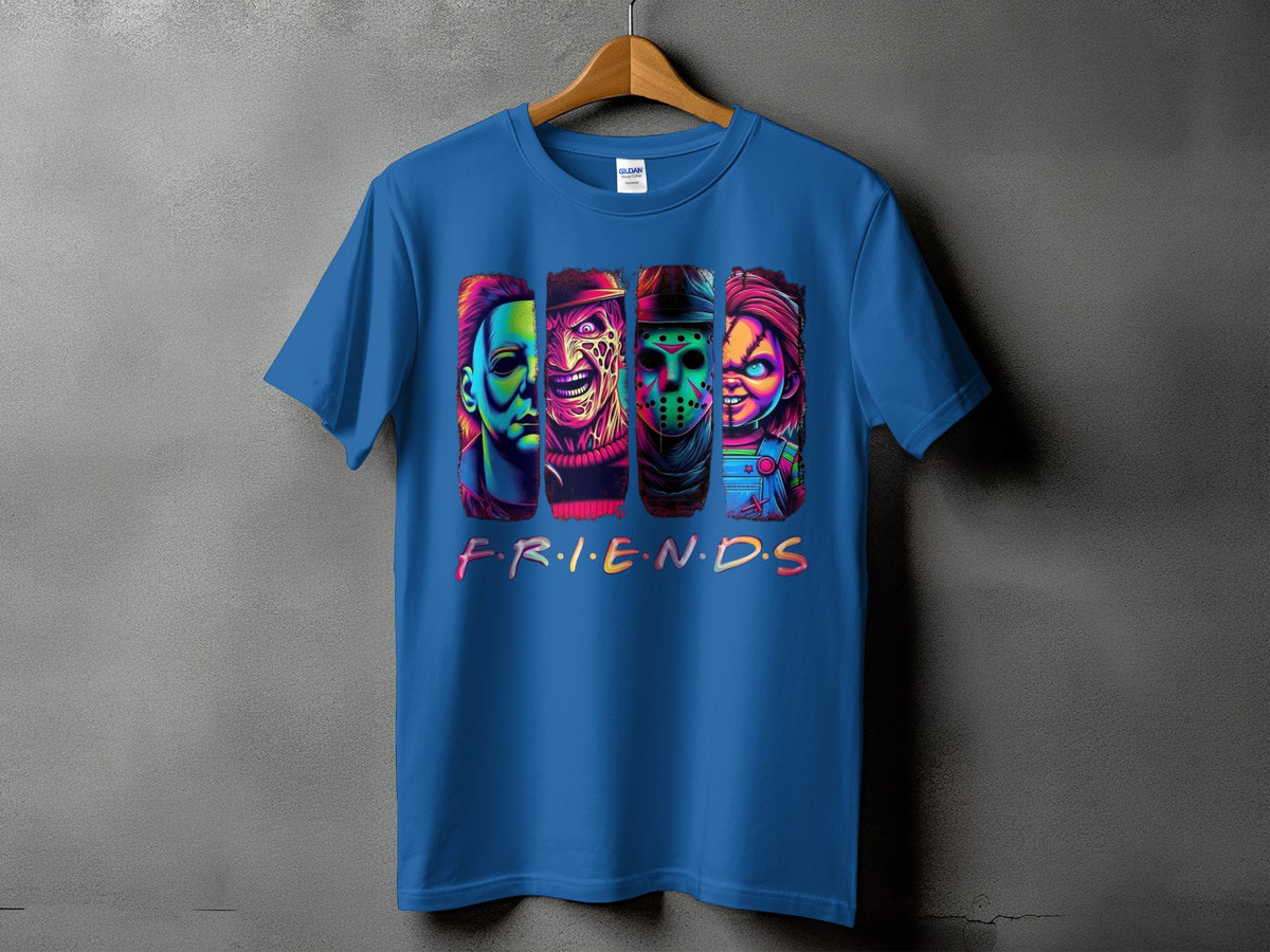 Blue t-shirt with horror characters Michael Myers, Freddy Krueger, Jason Voorhees, and Chucky.