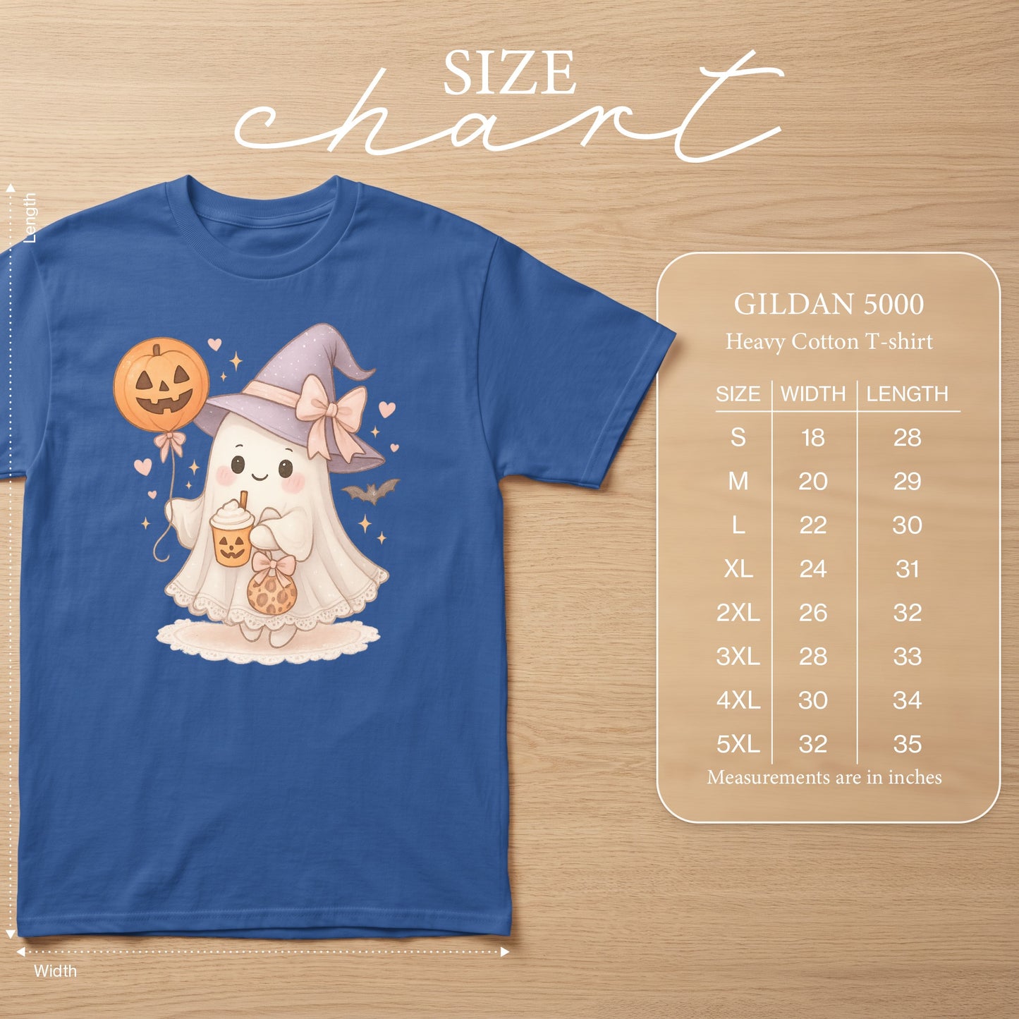Blue t-shirt with a cute ghost wearing a witch hat, holding a pumpkin balloon. Size chart included.