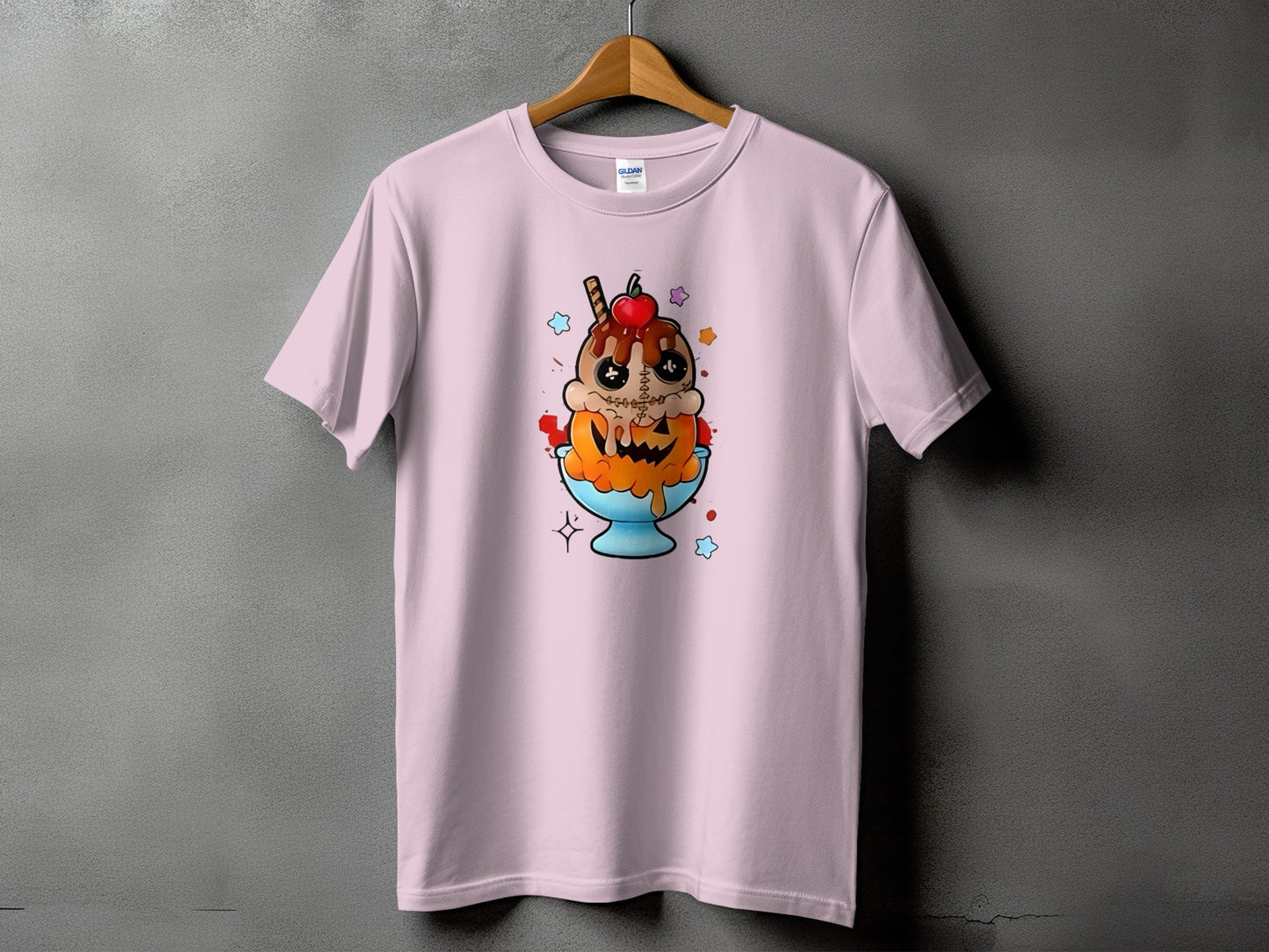 Pink t-shirt with a Frankenstein ice cream sundae design on the front.