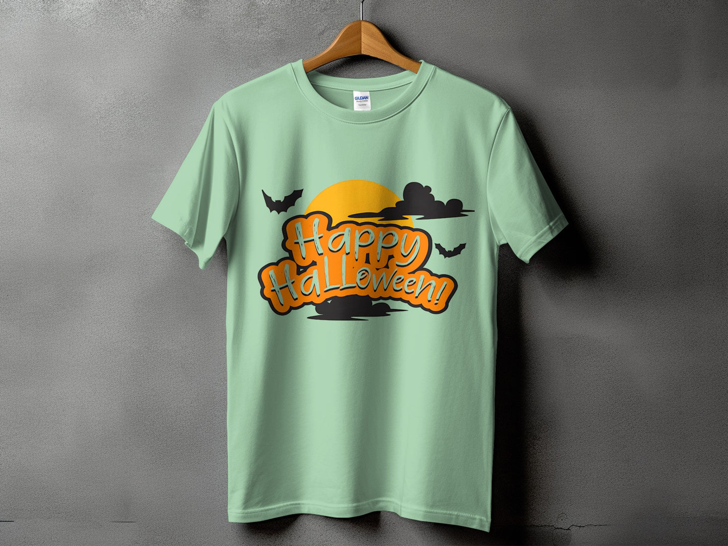 Light green t-shirt with "Happy Halloween!" text and Halloween graphics.