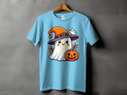 Light blue t-shirt featuring a cartoon ghost wearing a witch hat and holding a jack-o'-lantern.