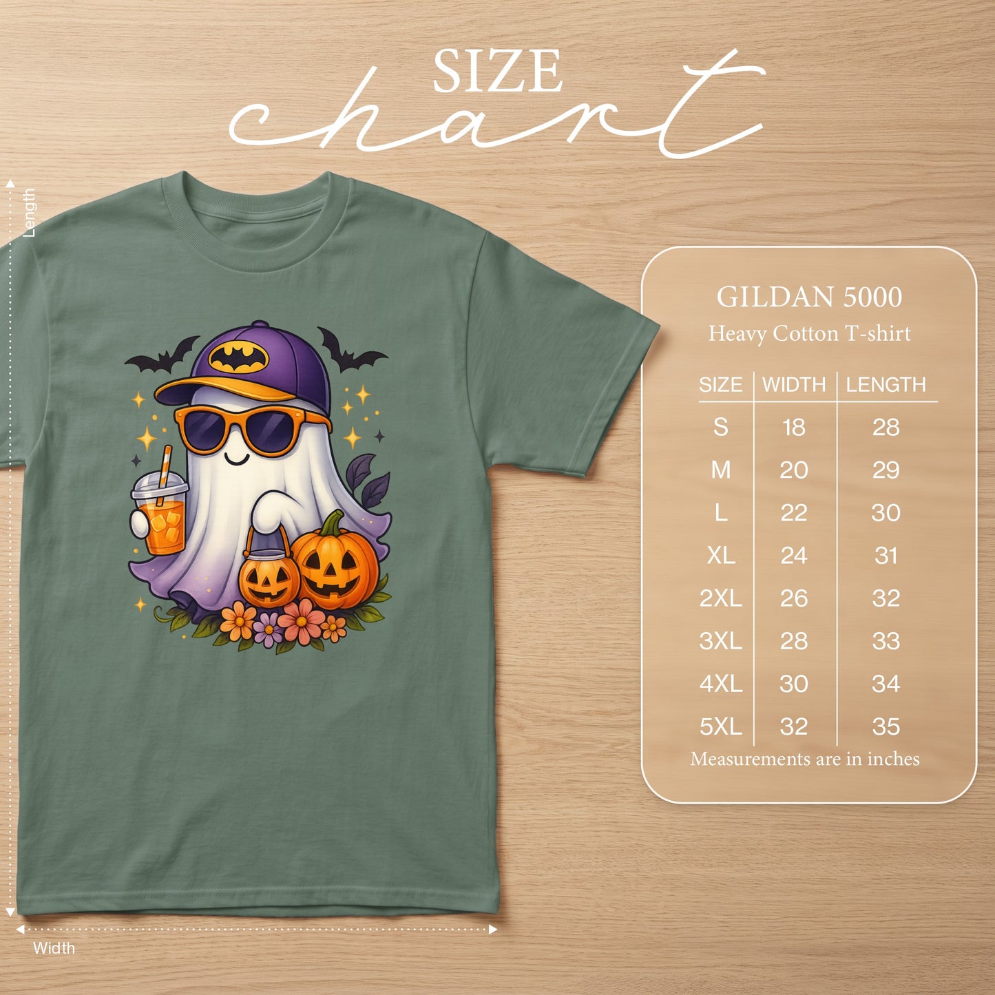 Ghost wearing sunglasses and Batman hat with pumpkins and flowers, Gildan 5000 size chart.