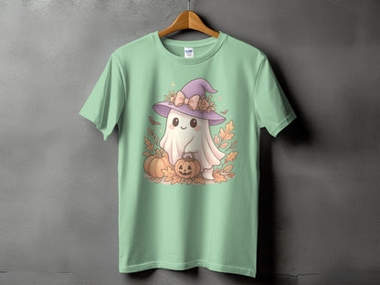 Cute ghost with witch hat, holding pumpkins and surrounded by leaves.