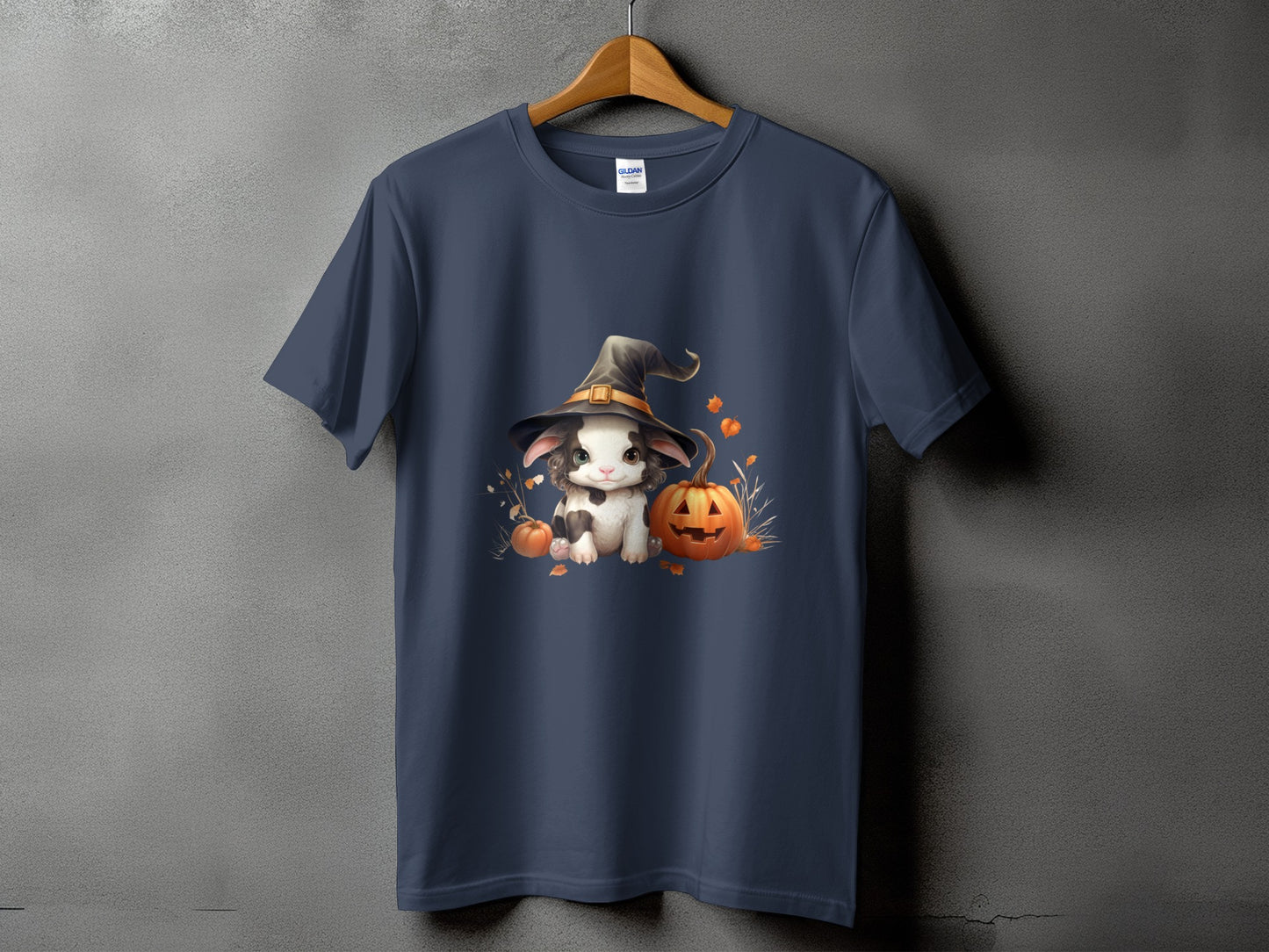 Dark blue t-shirt with a Halloween design featuring a cat wearing a witch hat and pumpkins.