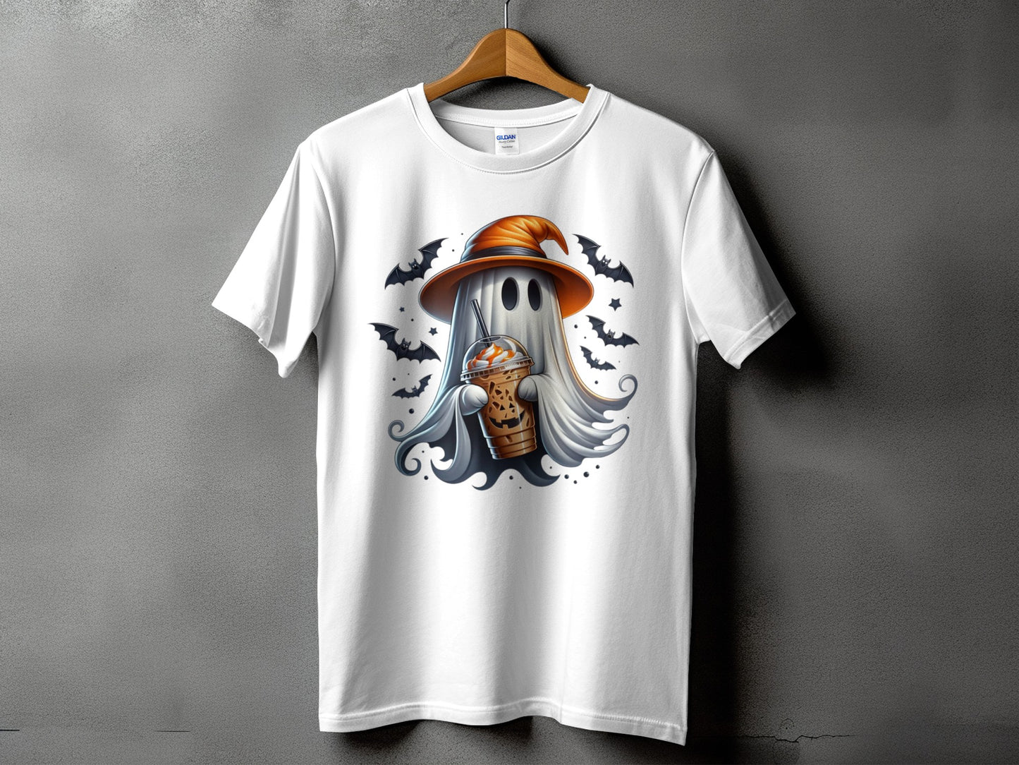 White t-shirt with a ghost wearing a witch hat and holding a pumpkin spice latte.