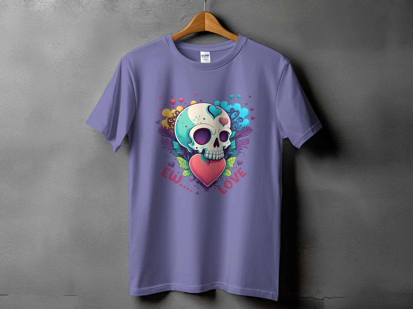 Purple t-shirt with a cartoon skull, heart, and "ew... love" text.