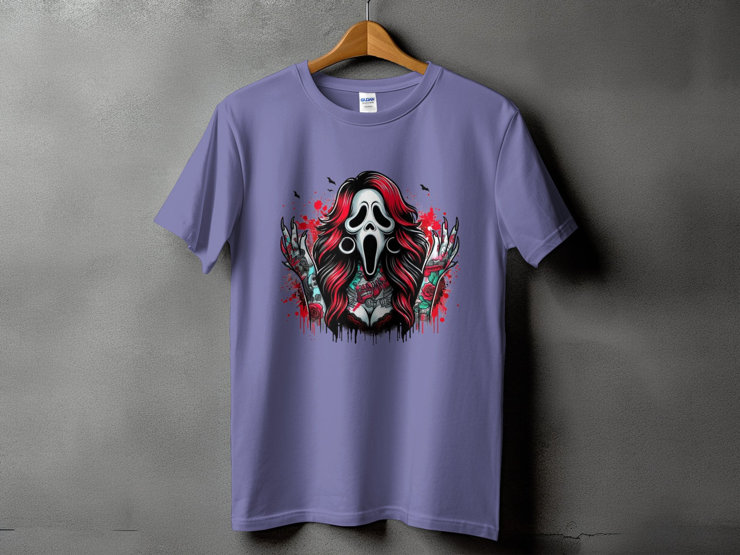 Purple t-shirt with graphic of screaming ghost face, red hair, and tattooed torso.