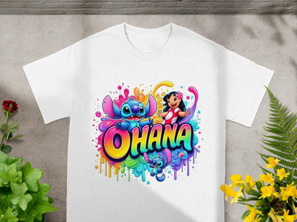 White t-shirt with colorful Stitch and Lilo "Ohana" graphic design.