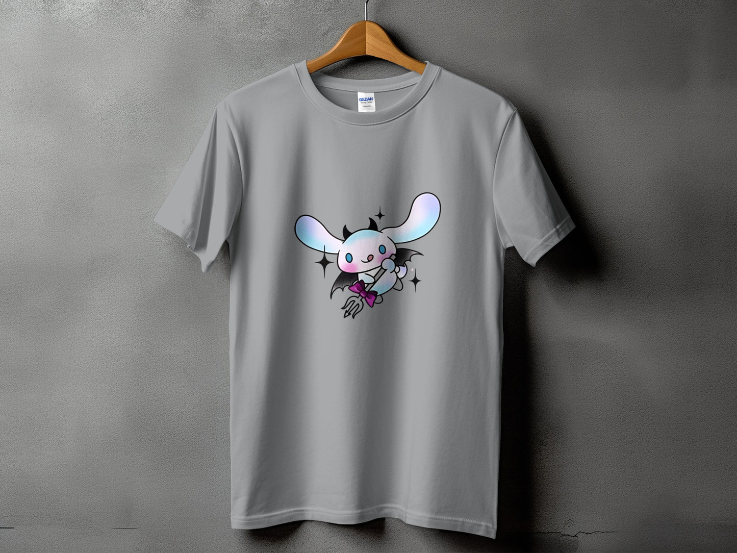 Gray t-shirt with a cartoon devil bunny graphic holding a trident.