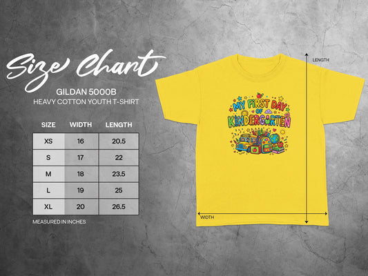 Yellow youth t-shirt size chart for Gildan 5000B with "My First Day of Kindergarten" graphic.