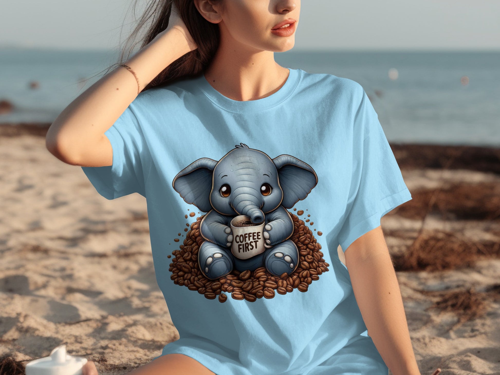 Cute Elephant Coffee First Graphic Print T-Shirt