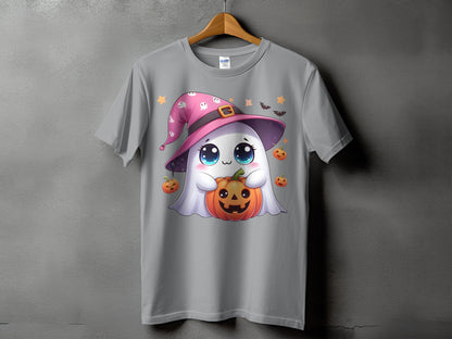 Gray t-shirt with a cute ghost wearing a witch hat holding a pumpkin.