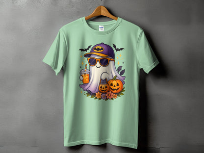 Ghost with sunglasses and drink, pumpkins, flowers, and bats on a mint t-shirt.