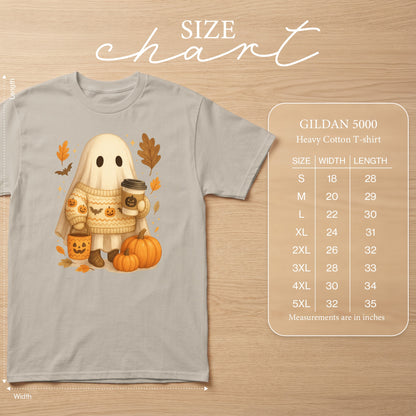 Grey t-shirt with a cute ghost illustration holding a coffee cup and candy bucket.