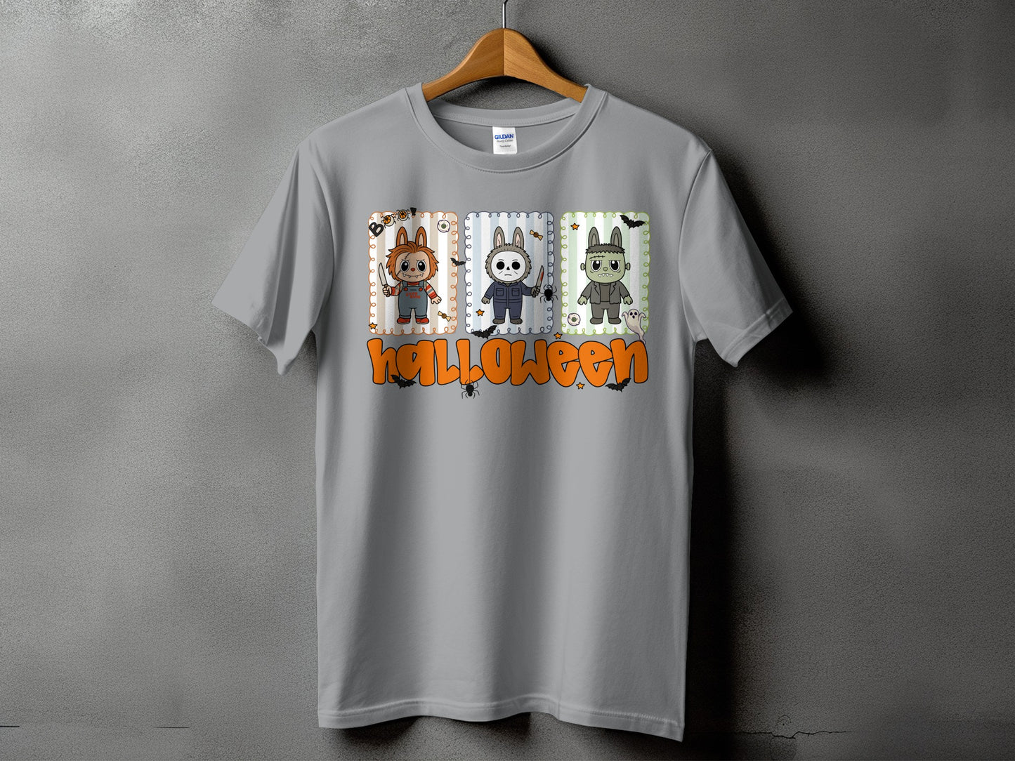 Grey t-shirt with Halloween graphic featuring horror characters and text.