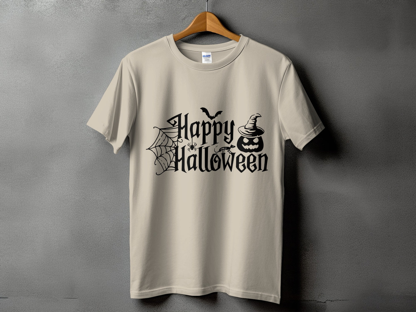 Light tan t-shirt with "Happy Halloween" text, spider, bat, and jack-o'-lantern.