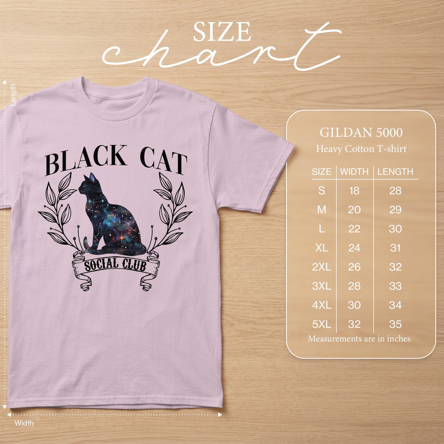 Light pink Gildan 5000 heavy cotton t-shirt with galaxy cat design and size chart.