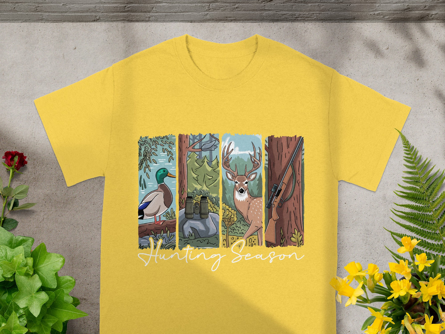 Yellow t-shirt with "Hunting Season" text and images of duck, binoculars, deer, and rifle.