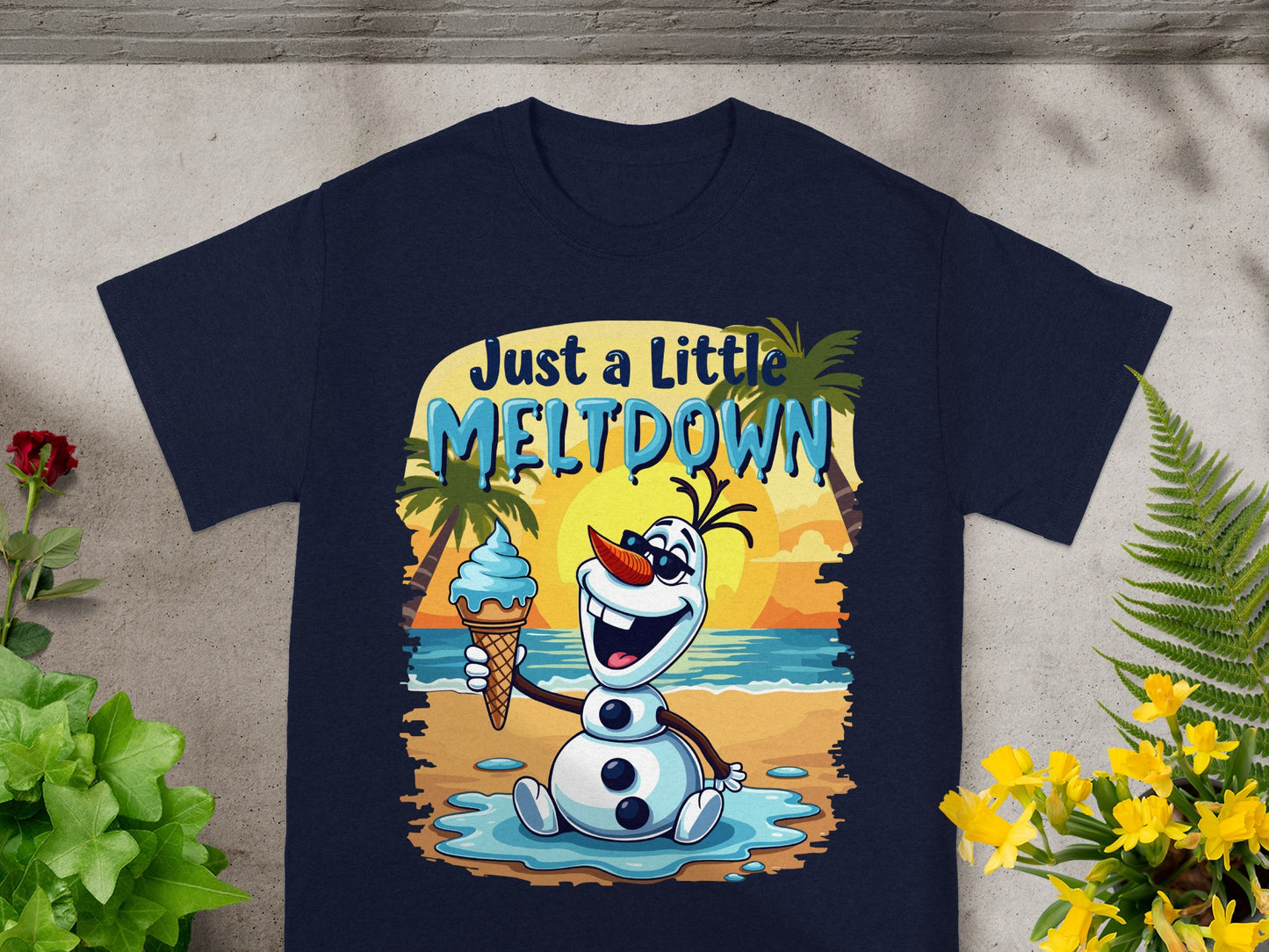Olaf from Frozen holding an ice cream cone on a beach with text "Just A Little MELTDOWN".