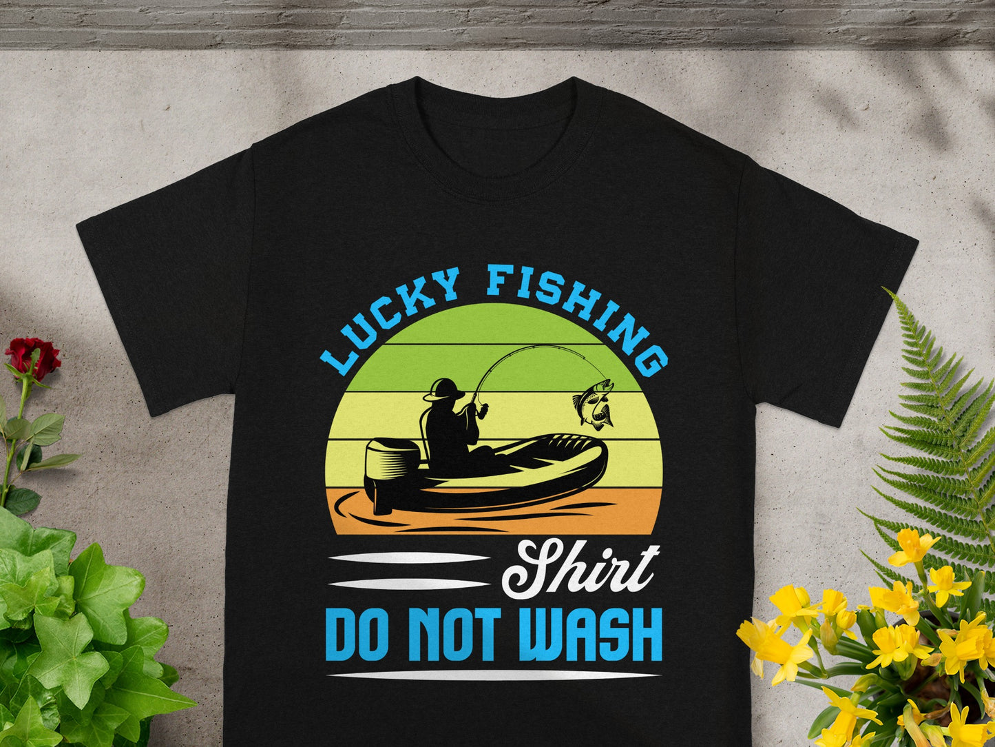 Black t-shirt with "Lucky Fishing" graphic and "DO NOT WASH" text.