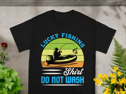 Black t-shirt with "Lucky Fishing" graphic and "DO NOT WASH" text.
