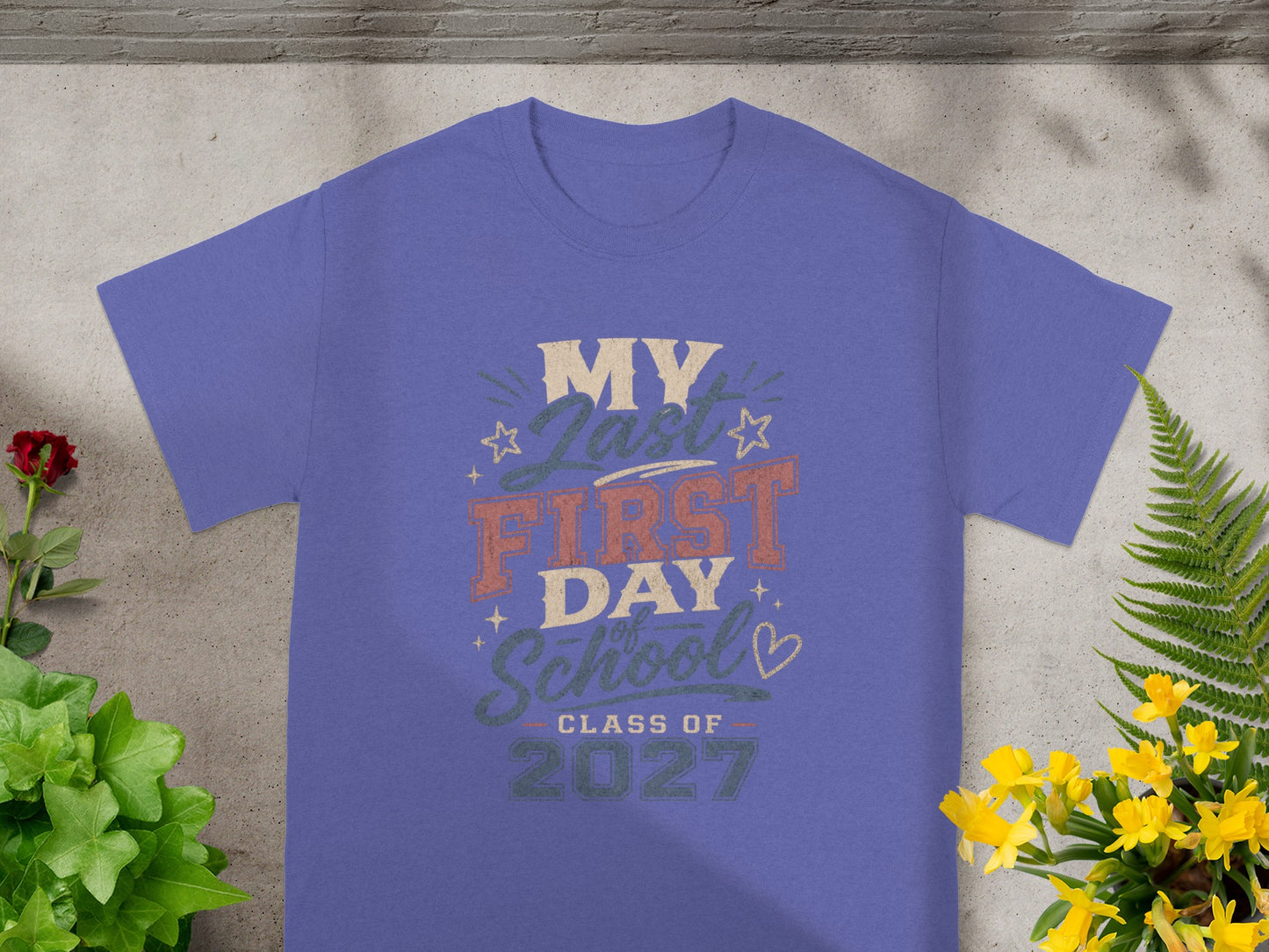 Purple t-shirt with "My Last First Day of School Class of 2027" graphic.