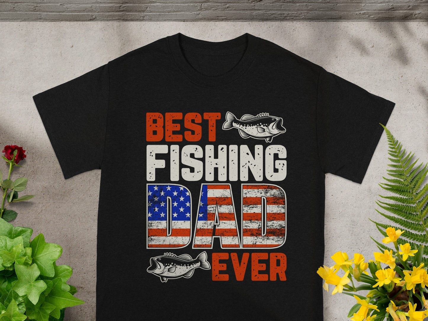 Black t-shirt with Best Fishing Dad Ever text and distressed American flag design.