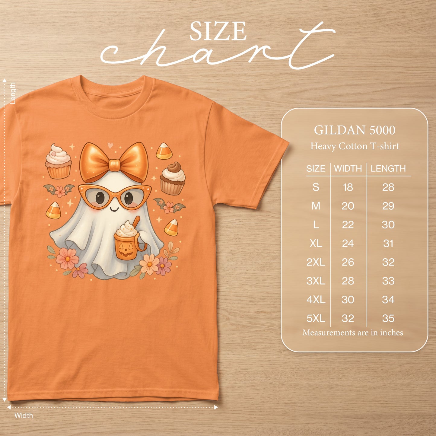 Orange Gildan 5000 t-shirt with cute ghost graphic and size chart.