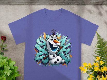 Purple t-shirt with Olaf the snowman against colorful graffiti.
