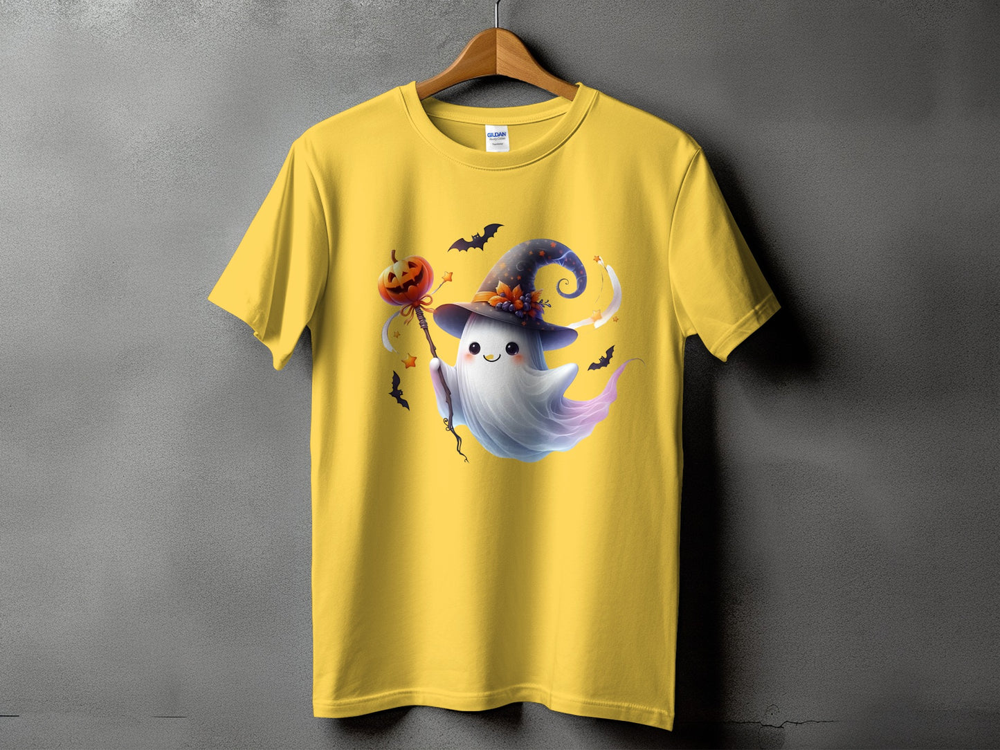 Yellow t-shirt with a friendly ghost holding a jack-o'-lantern on a stick.