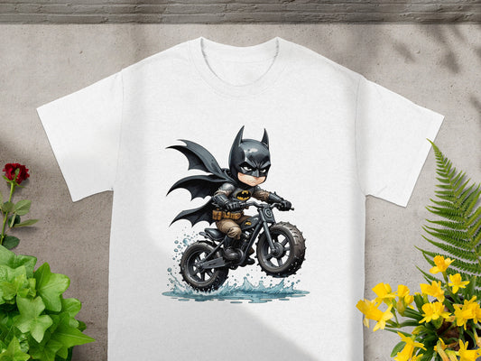 Cartoon Batman riding a dirt bike, splashing water.