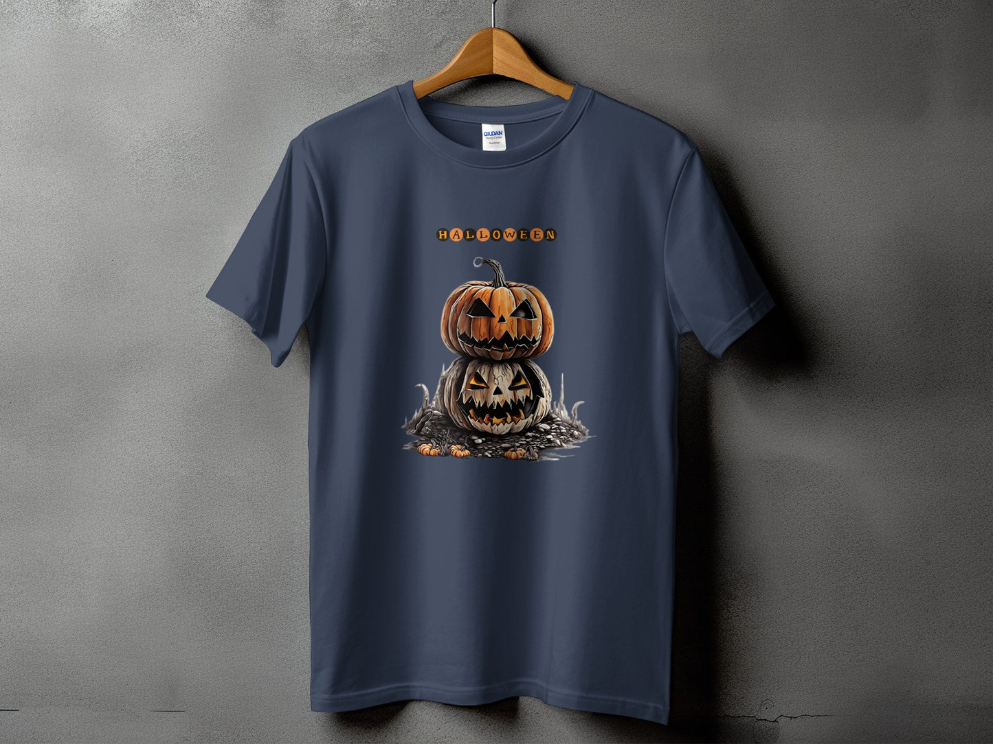 Dark blue t-shirt with stacked jack-o'-lanterns and "HALLOWEEN" text.