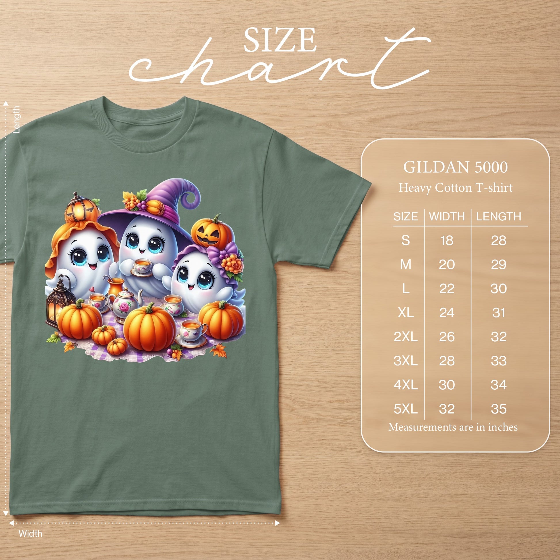Green Gildan 5000 t-shirt with kawaii ghosts, pumpkins, and tea set graphic. Size chart included.