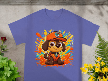 Purple t-shirt featuring a cartoon puppy wearing an orange hat and vest.