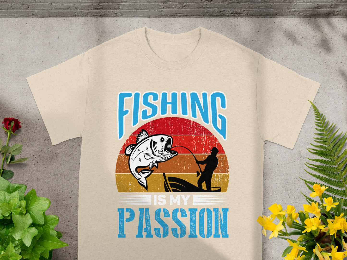 T-shirt with "FISHING IS MY PASSION" text and a graphic of a fish and angler.