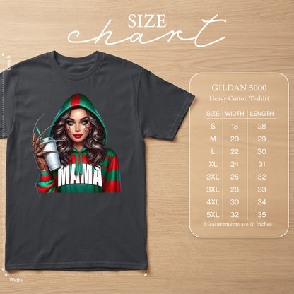 Gildan 5000 Heavy Cotton T-shirt size chart with a graphic of a woman holding a drink.