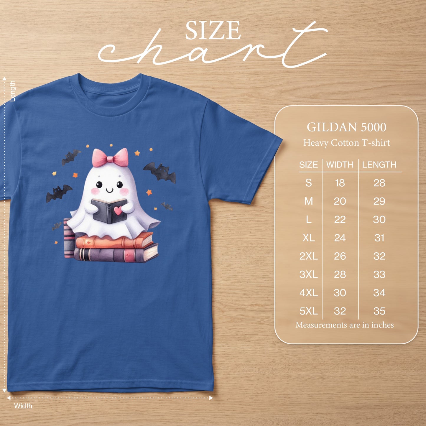 Blue Gildan 5000 Heavy Cotton T-shirt with ghost graphic and size chart.