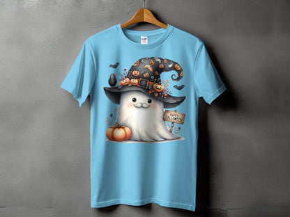 Light blue t-shirt with a cute ghost character in a Halloween witch hat.