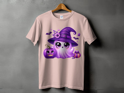 Pink t-shirt with purple ghost, witch hat, pumpkin, bats, and candle graphic.