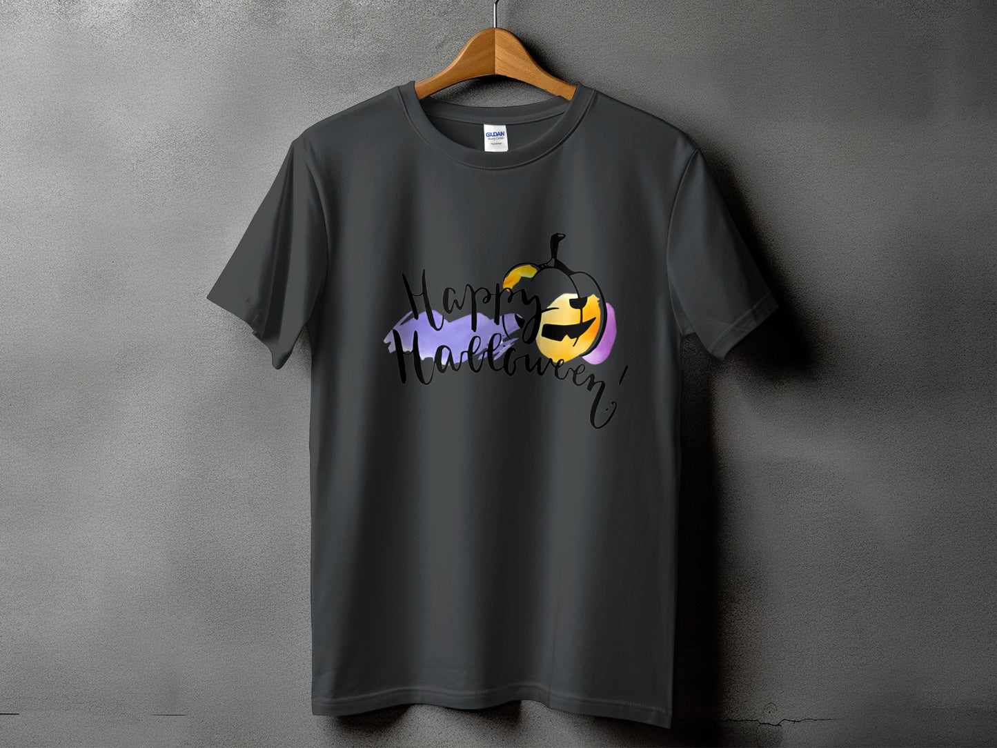 Dark grey t-shirt with "Happy Halloween" text and a colorful pumpkin graphic.