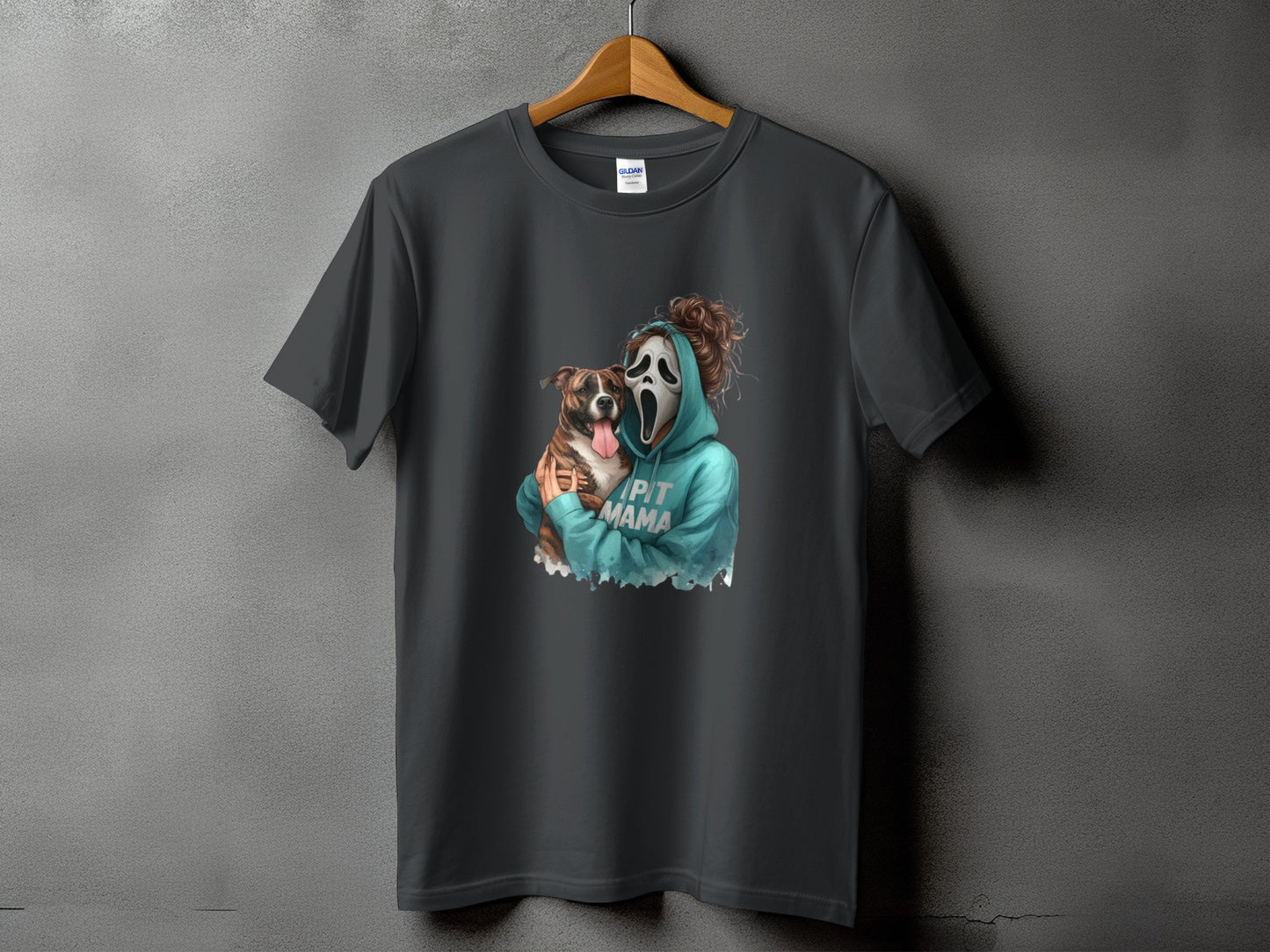Gray t-shirt with Ghostface and dog graphic that reads "PIT MAMA".