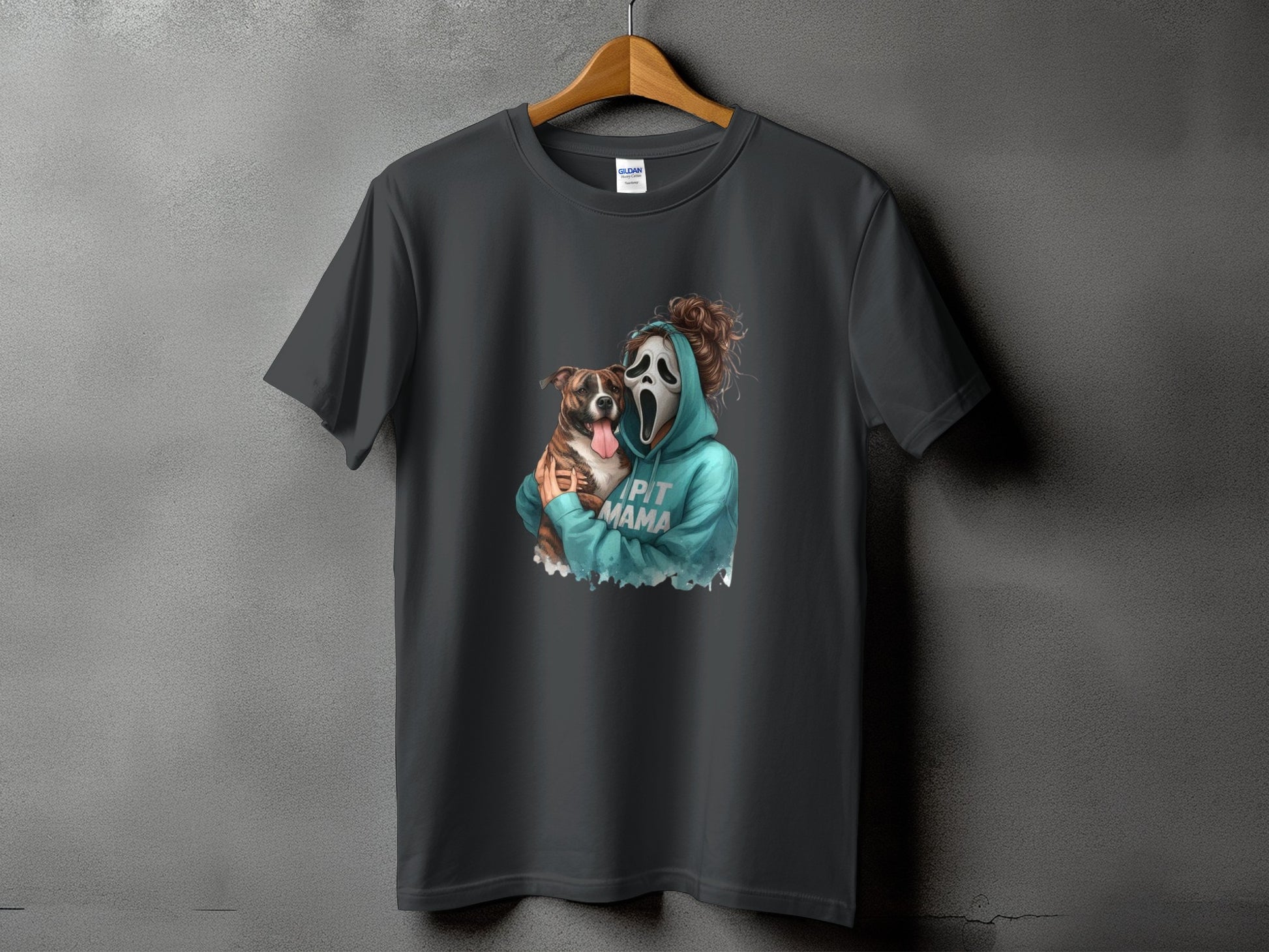 Gray t-shirt with Ghostface and dog graphic that reads "PIT MAMA".