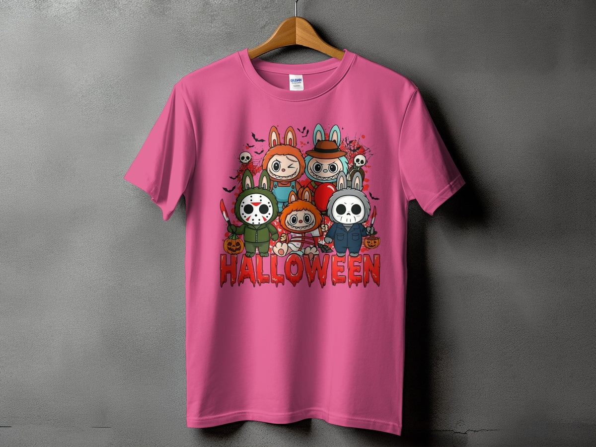 Pink t-shirt with cute Halloween characters and the word "HALLOWEEN"