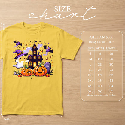 Yellow Gildan 5000 heavy cotton t-shirt with Halloween graphic and size chart.