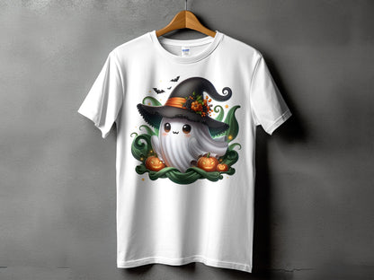 White t-shirt with a cute ghost wearing a witch hat and surrounded by pumpkins.